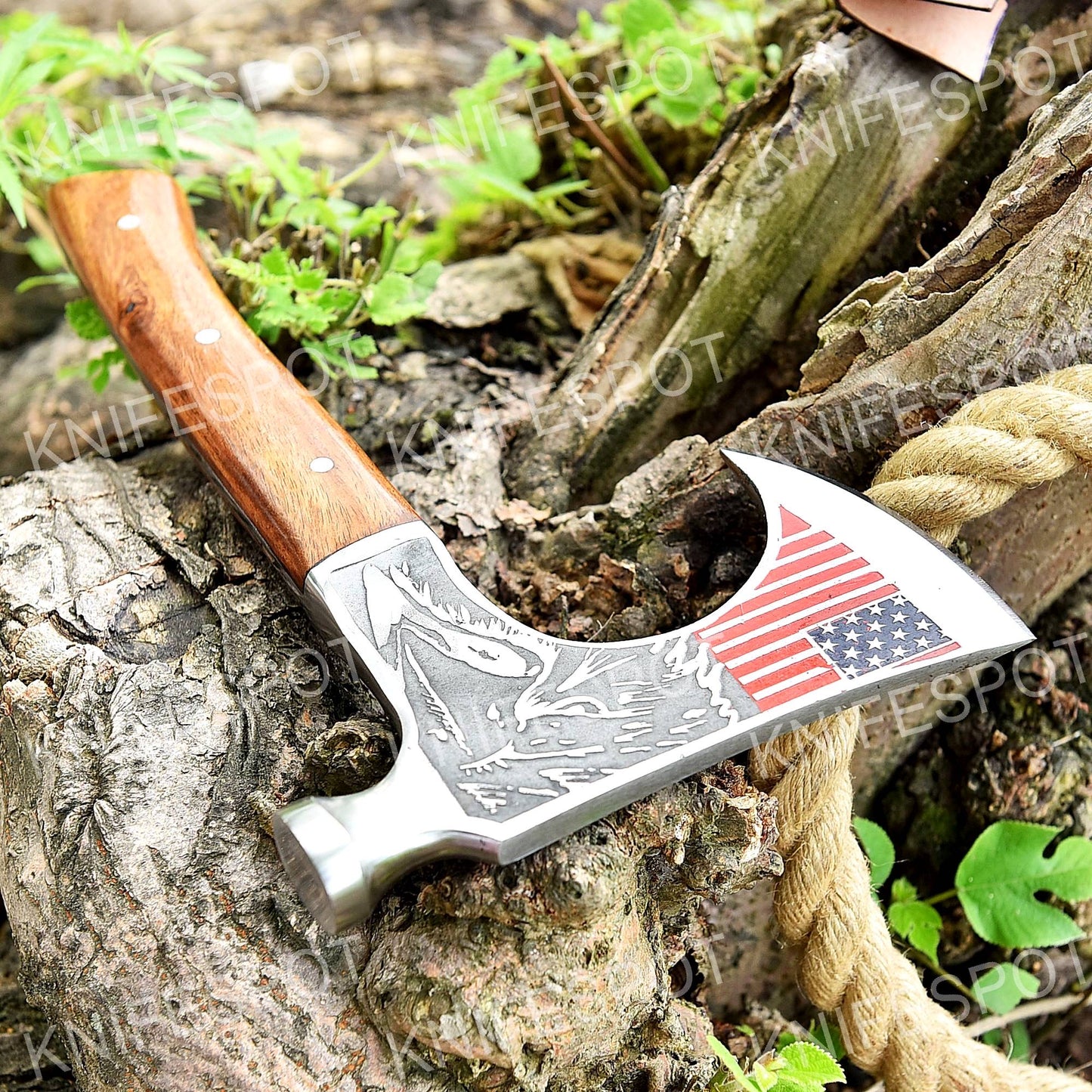 Handmade Axe with Striking American Flag Design With Leather Gift 4rt of July