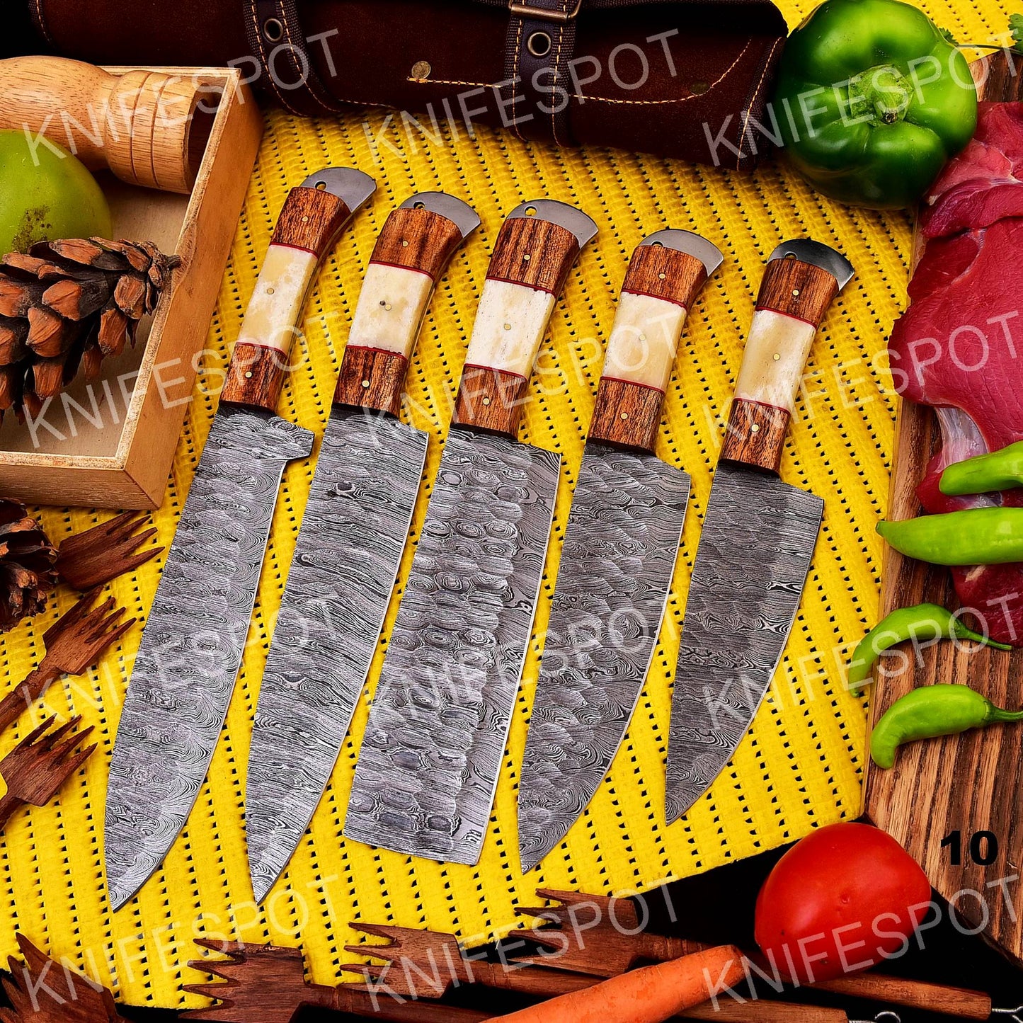 Handmade Damascus Chef Knife Set With Leather Bag