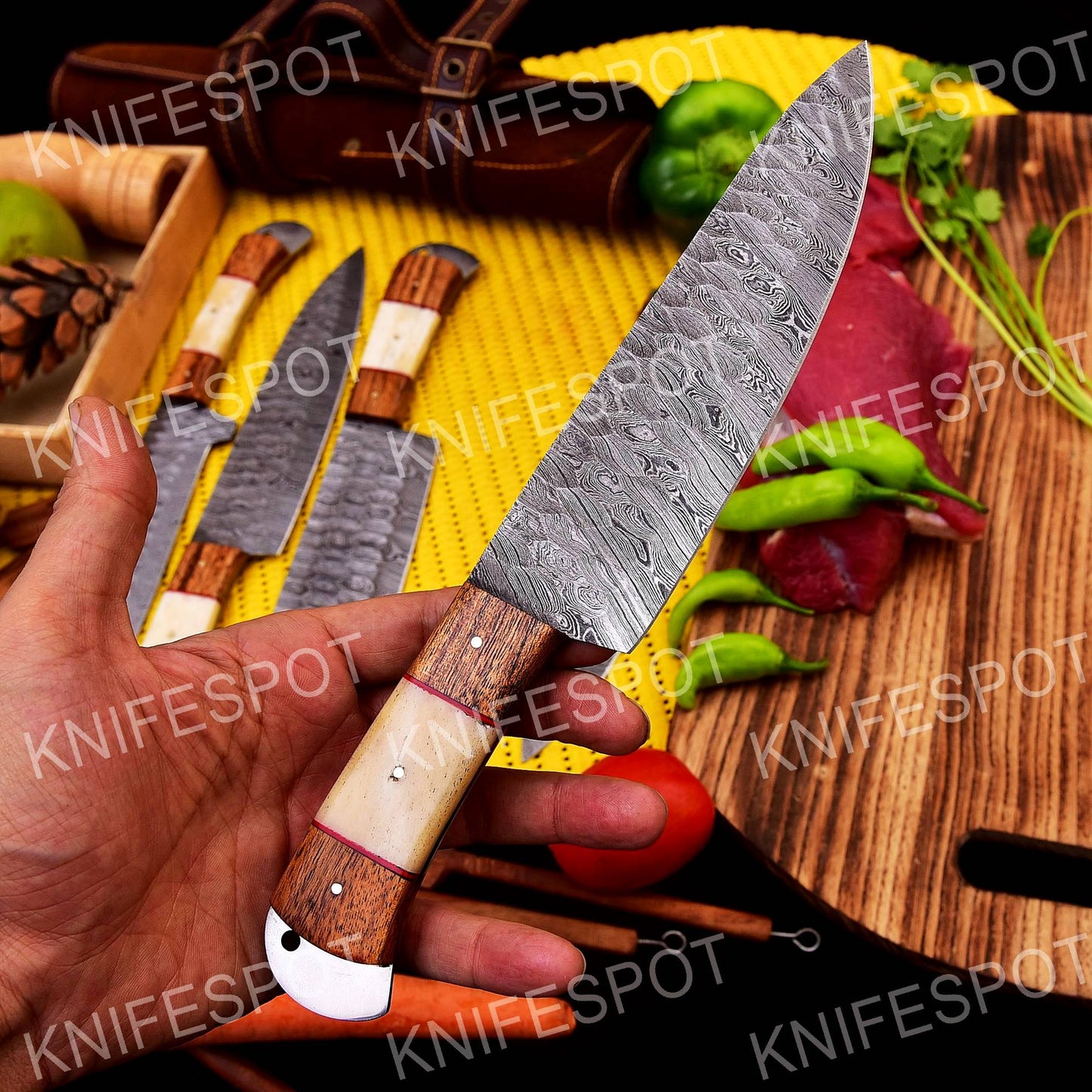 Handmade Damascus Chef Knife Set With Leather Bag