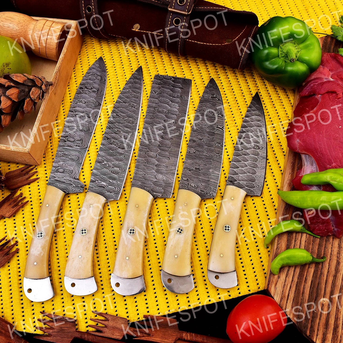 Handmade Damascus Chef Knife Set Bone Handle With Leather Bag