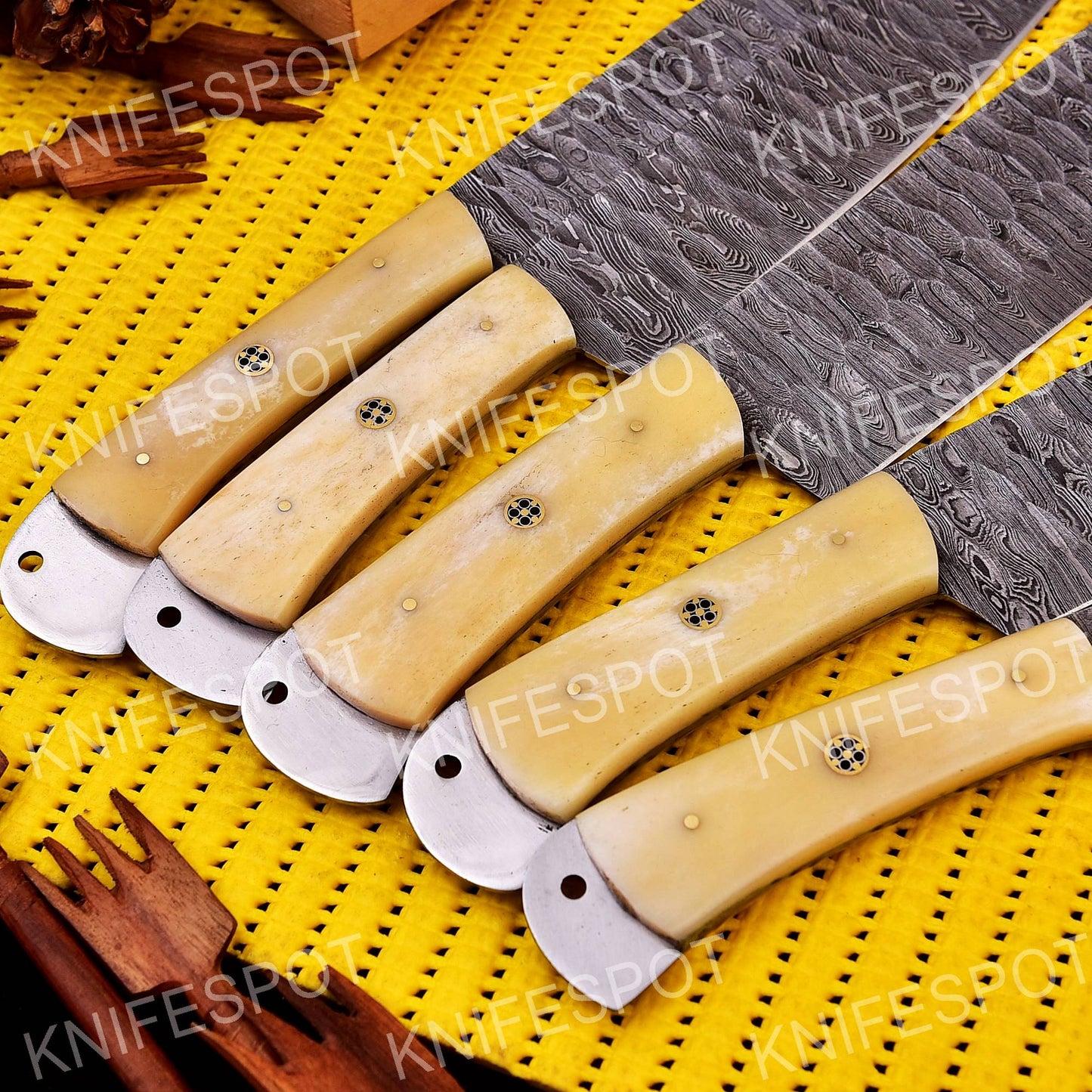 Handmade Damascus Chef Knife Set Bone Handle With Leather Bag