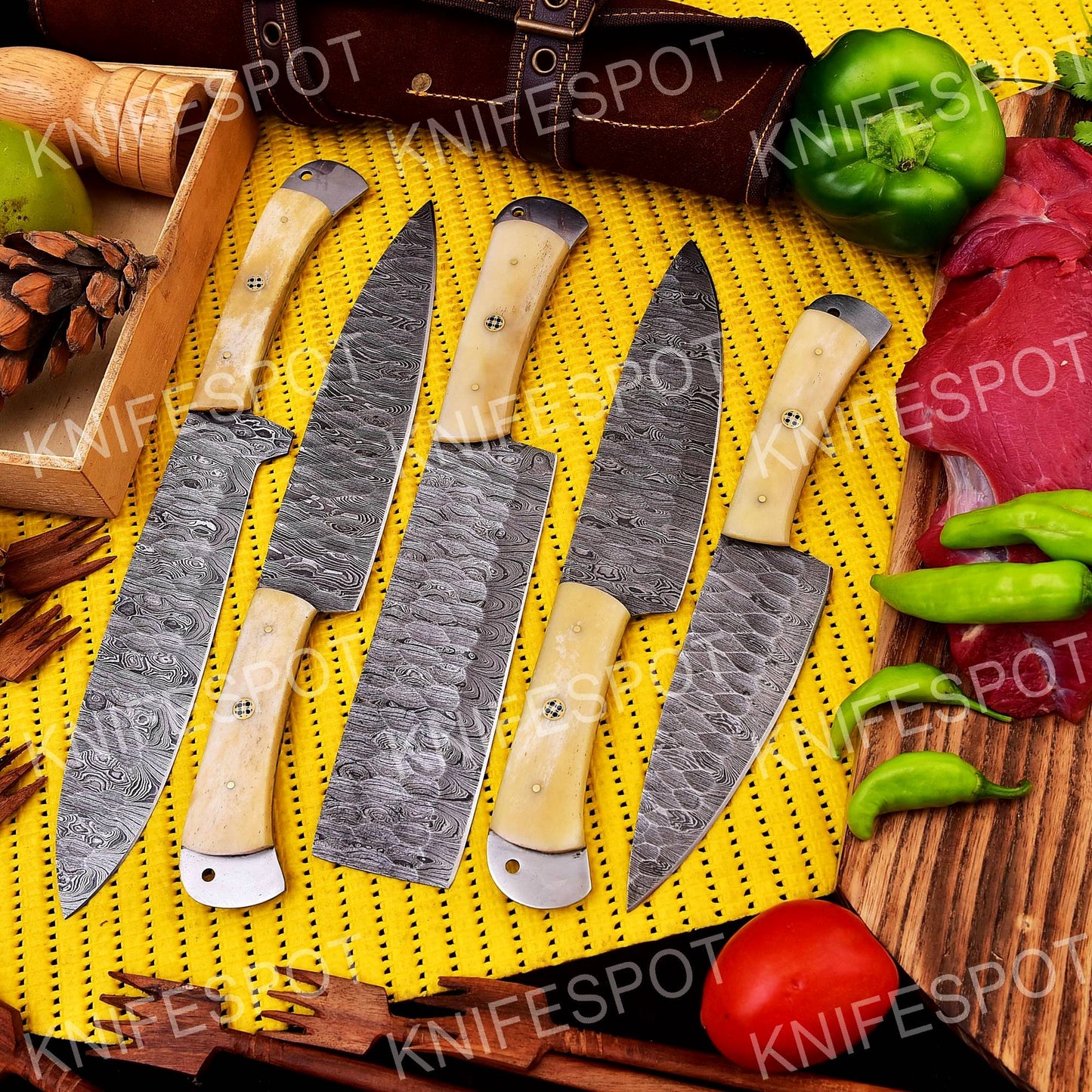 Handmade Damascus Chef Knife Set Bone Handle With Leather Bag