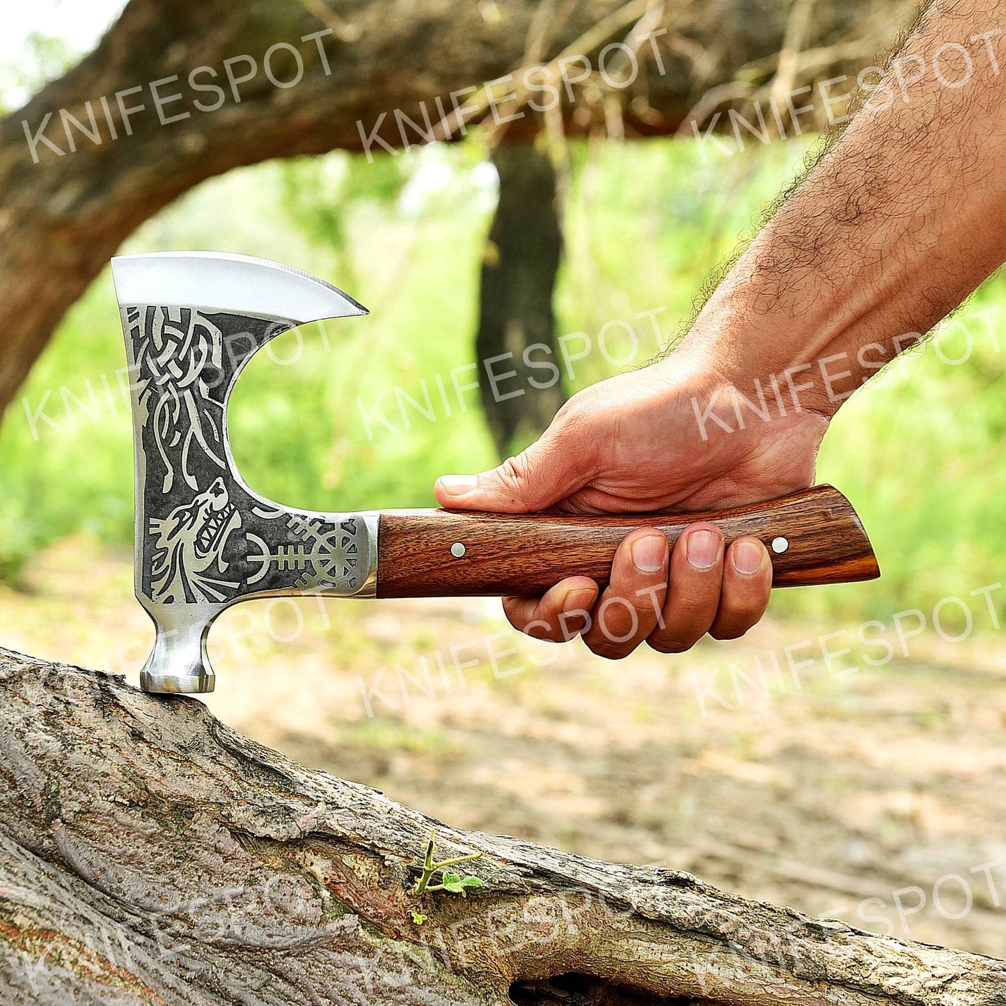 Handmade Axe with Fierce Wolf Motif Design With Leather Cover