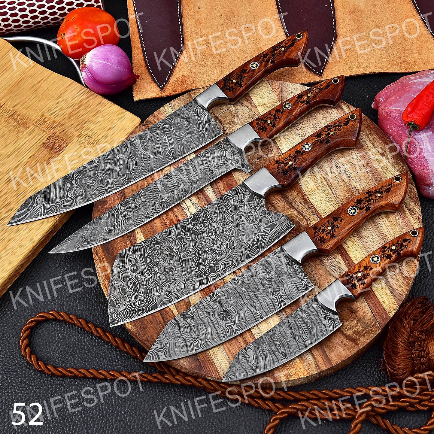 Handmade Damascus Chef Knife Set With Leather BaG