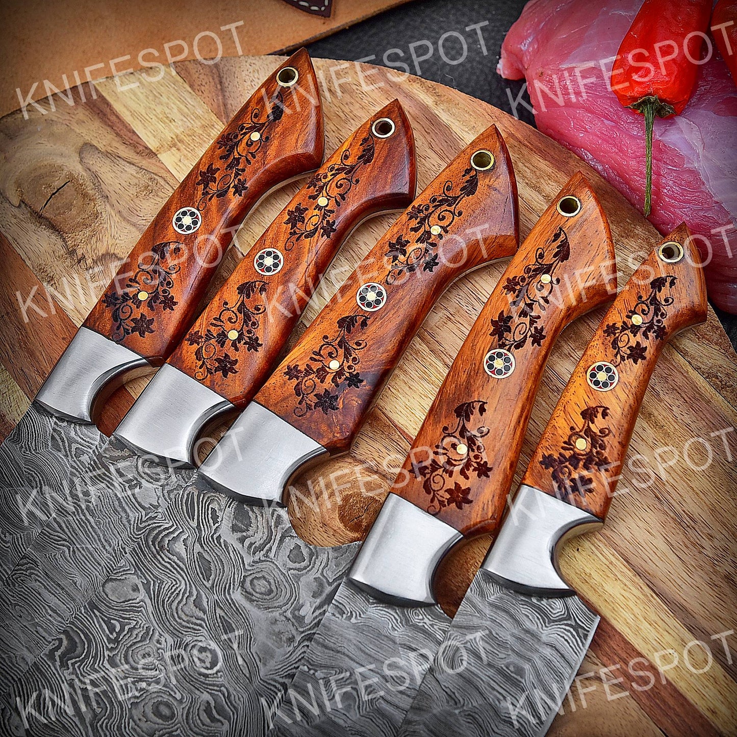 Handmade Damascus Chef Knife Set With Leather BaG