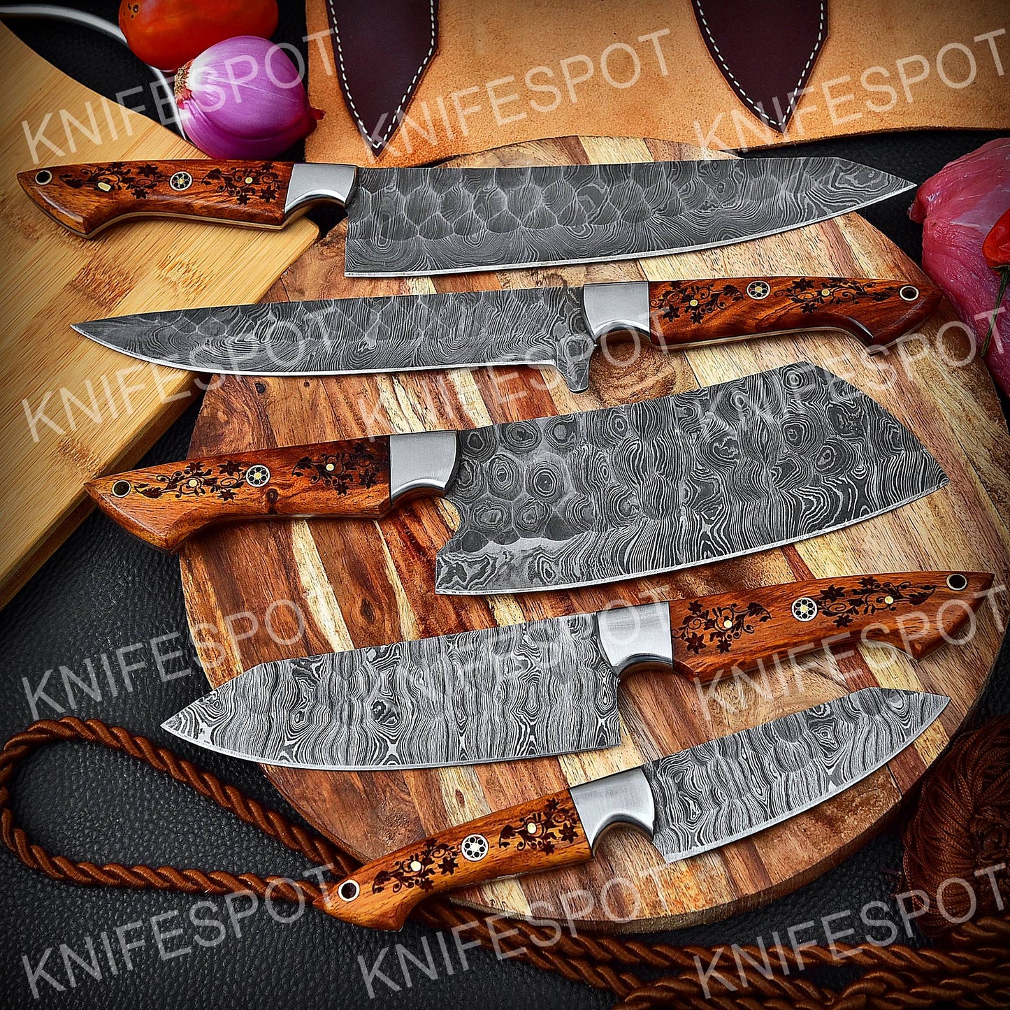 Handmade Damascus Chef Knife Set With Leather BaG