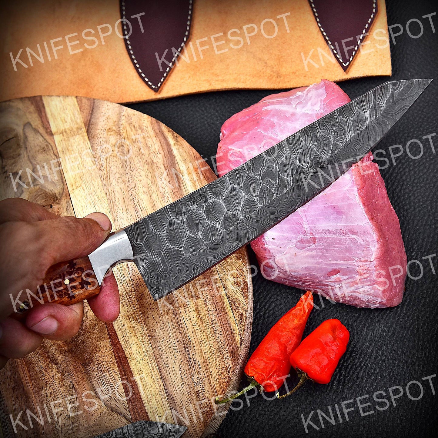 Handmade Damascus Chef Knife Set With Leather BaG