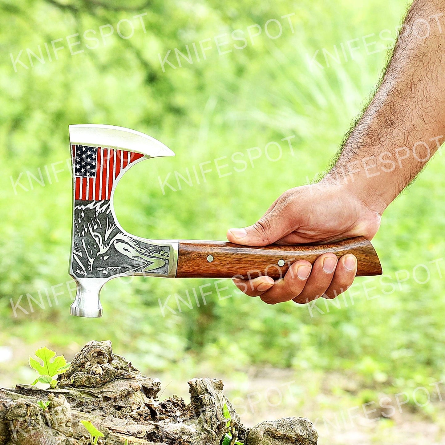 Handmade Axe with Striking American Flag Design With Leather Gift 4rt of July