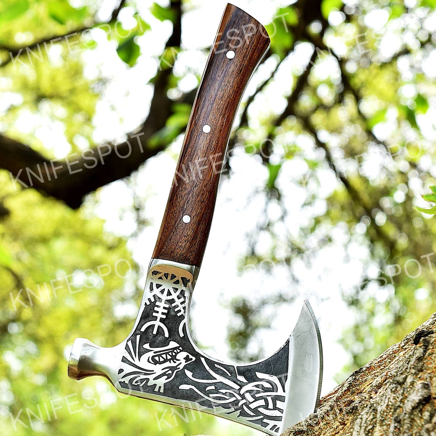 Handmade Axe with Fierce Wolf Motif Design With Leather Cover