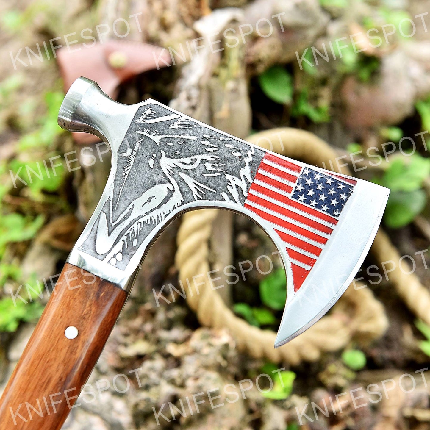 Handmade Axe with Striking American Flag Design With Leather Gift 4rt of July