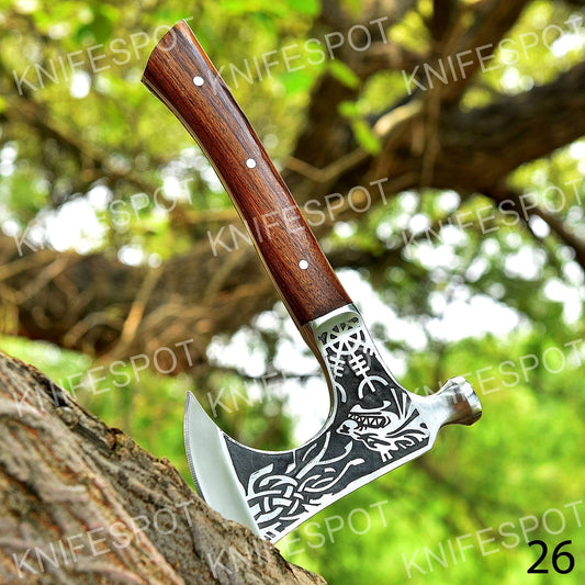 Handmade Axe with Fierce Wolf Motif Design With Leather Cover