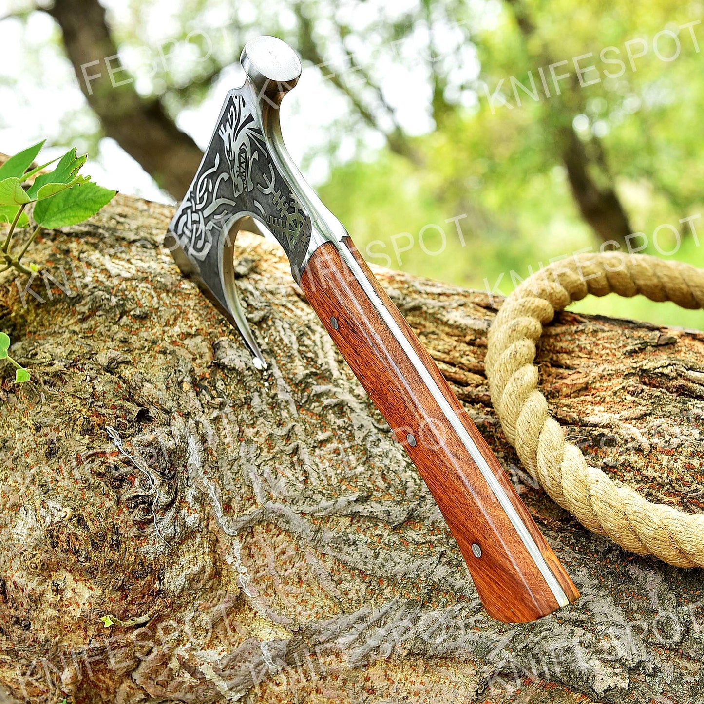 Handmade Axe with Fierce Wolf Motif Design With Leather Cover