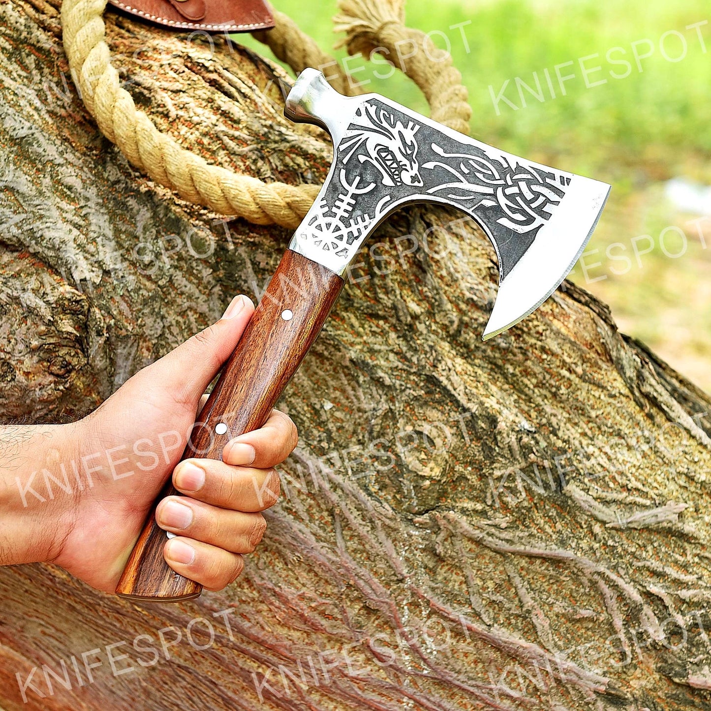 Handmade Axe with Fierce Wolf Motif Design With Leather Cover