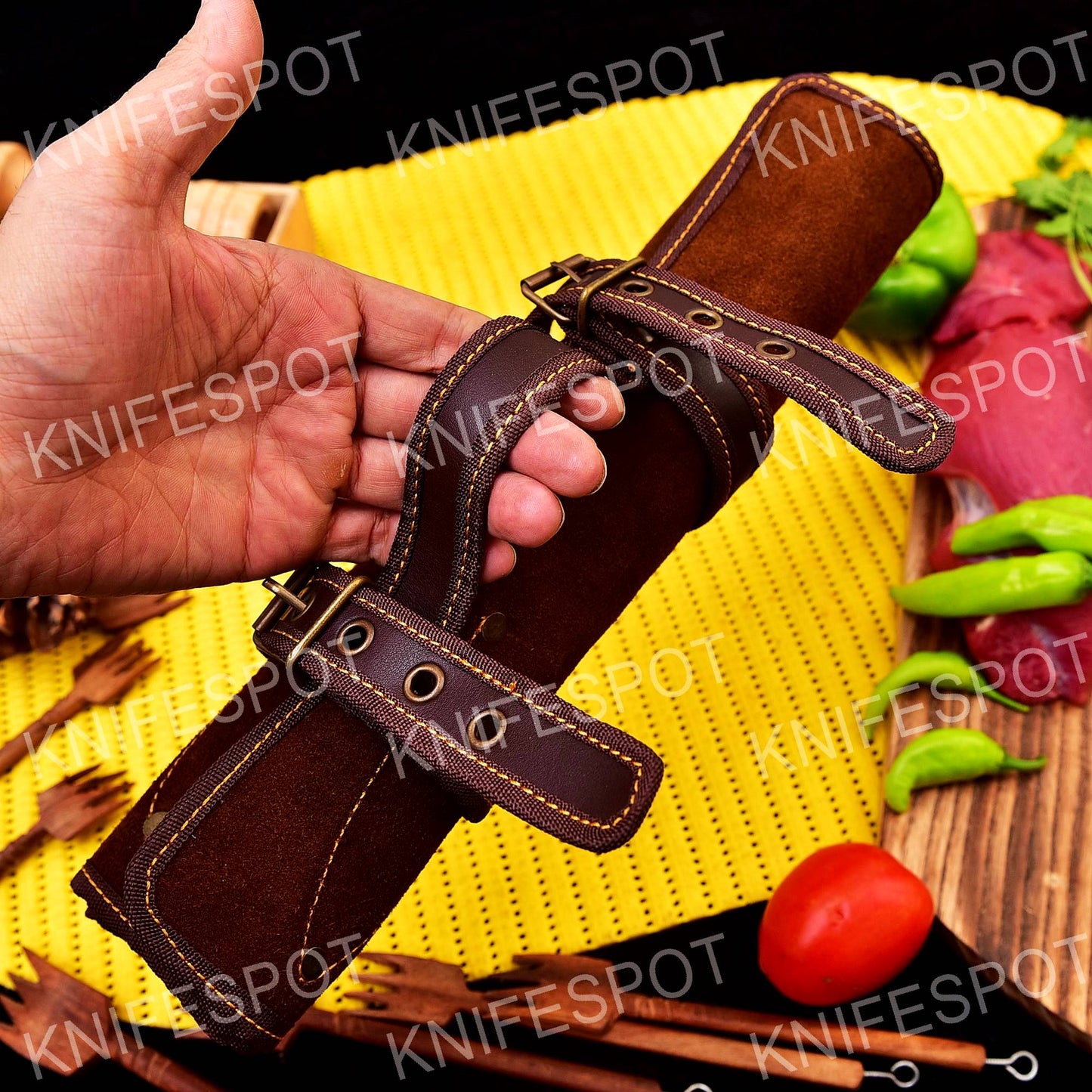 Handmade Damascus Chef Knife Set Bone Handle With Leather Bag