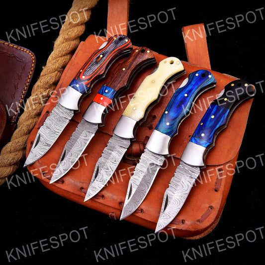 Damascus Folding Knife Handmade Folding Knife With Leather Bag