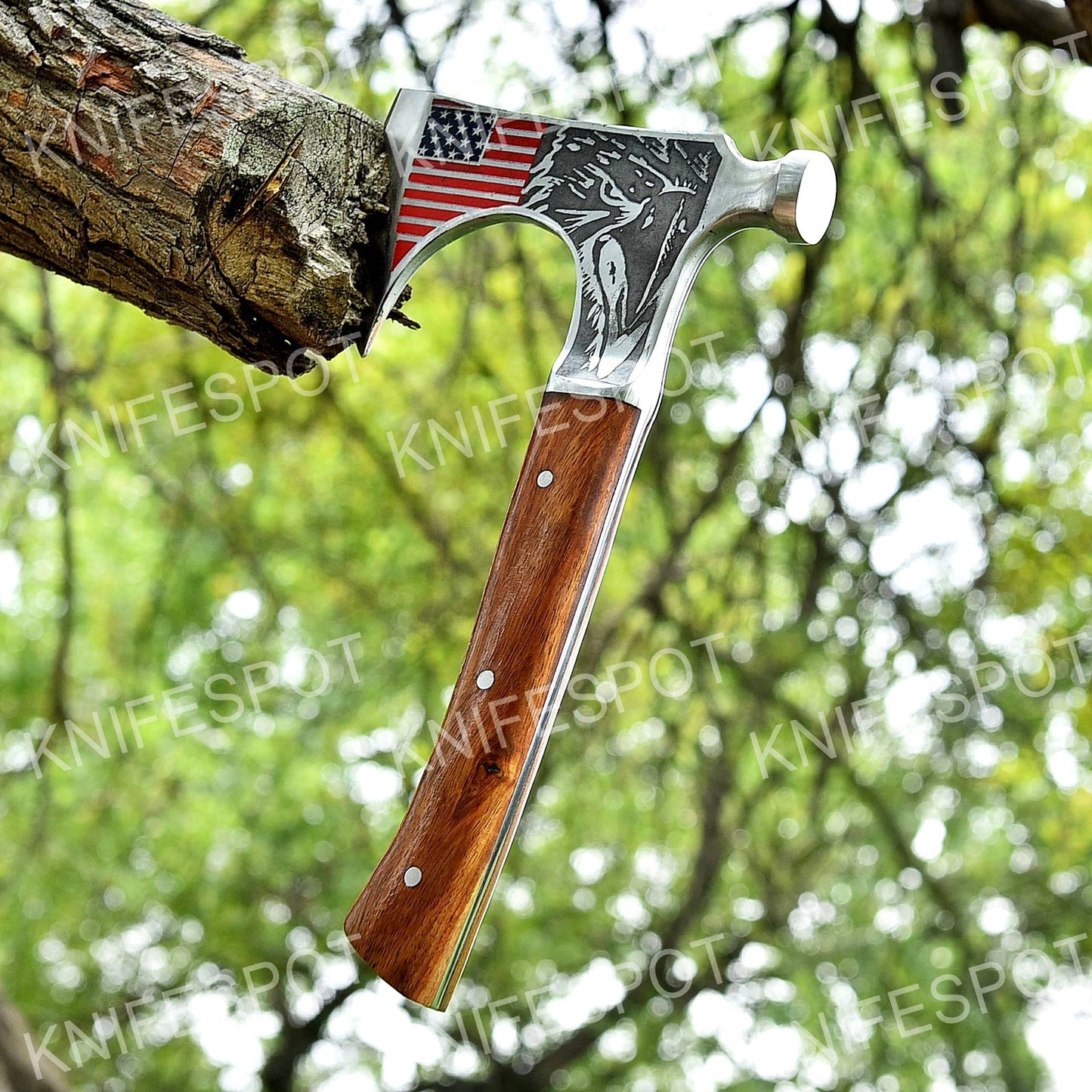 Handmade Axe with Striking American Flag Design With Leather Gift 4rt of July